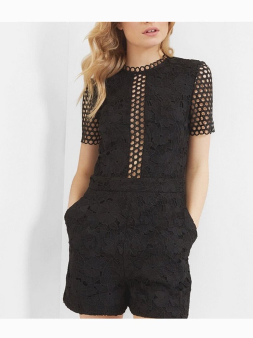 TED BAKER Daycee black guipure lace romper, Sz FR 2 (Small).